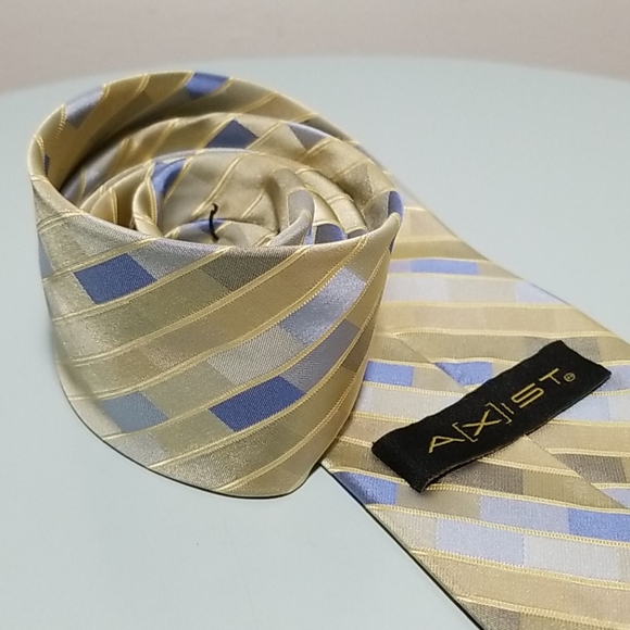 AXIST SILK Gold & Blue diagonal box strip Necktie - Picture 4 of 7